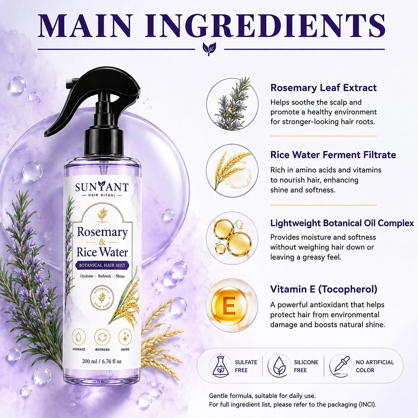 Private Label Natural Rosemary and Rice Water Hair Spray